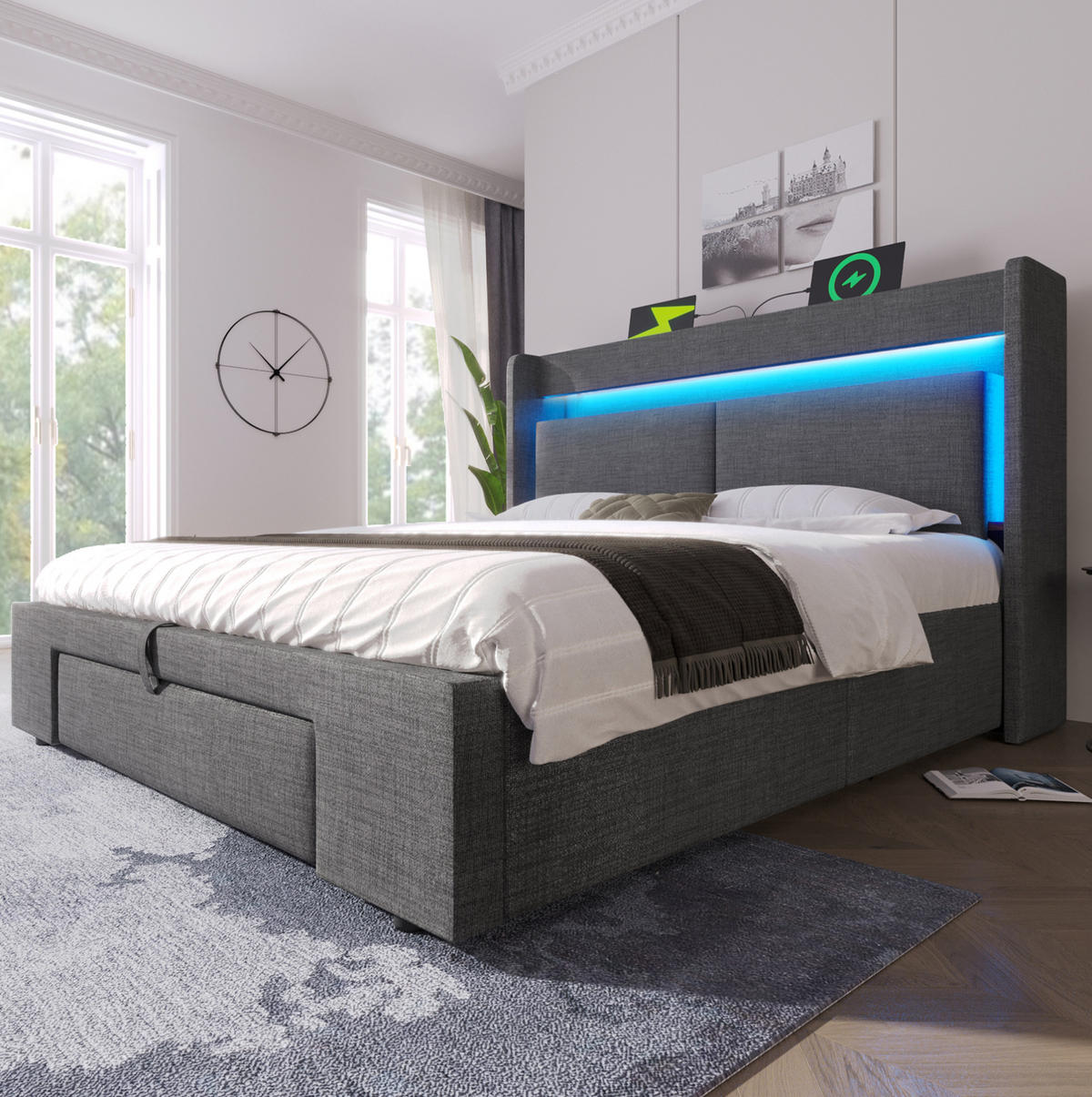 POLSTERBETT mit Stauraum, LED und USB 140x200 cm Leinen Grau - Grau, Metall (140/200cm) - Meubliv