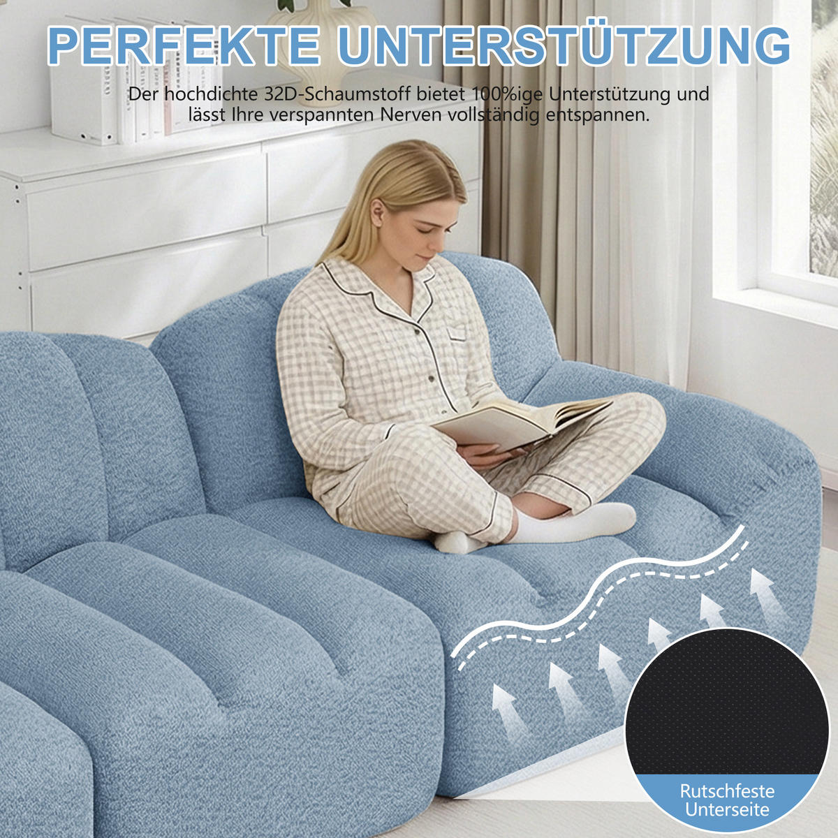 4-SITZER ECKSOFA Granulierter Fleece Blau mit Ottomane - Blau, Textil (366/165cm) - WISHDOR