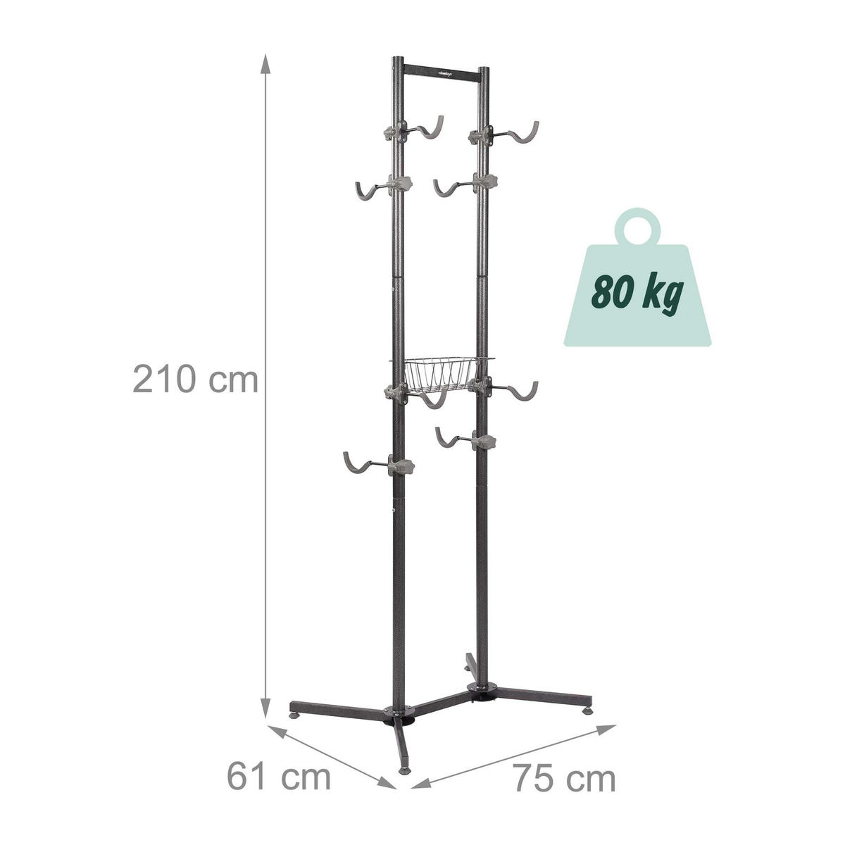 FAHRRADSTÄNDER Schwarz Grau freistehend für 4 Fahrräder Stahl mit Korb - Schwarz, Kunststoff/Metall (75/210/61cm) - Relaxdays