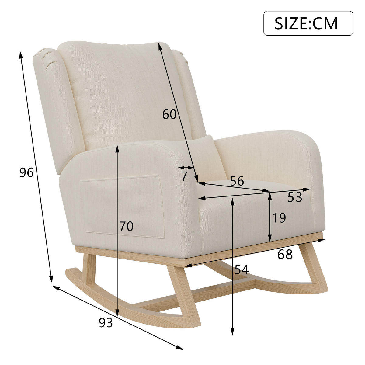 SCHAUKELSTUHL Schaukelsessel mit 2 Seitentaschen, Beige - Beige, Holz (93/96/68cm)