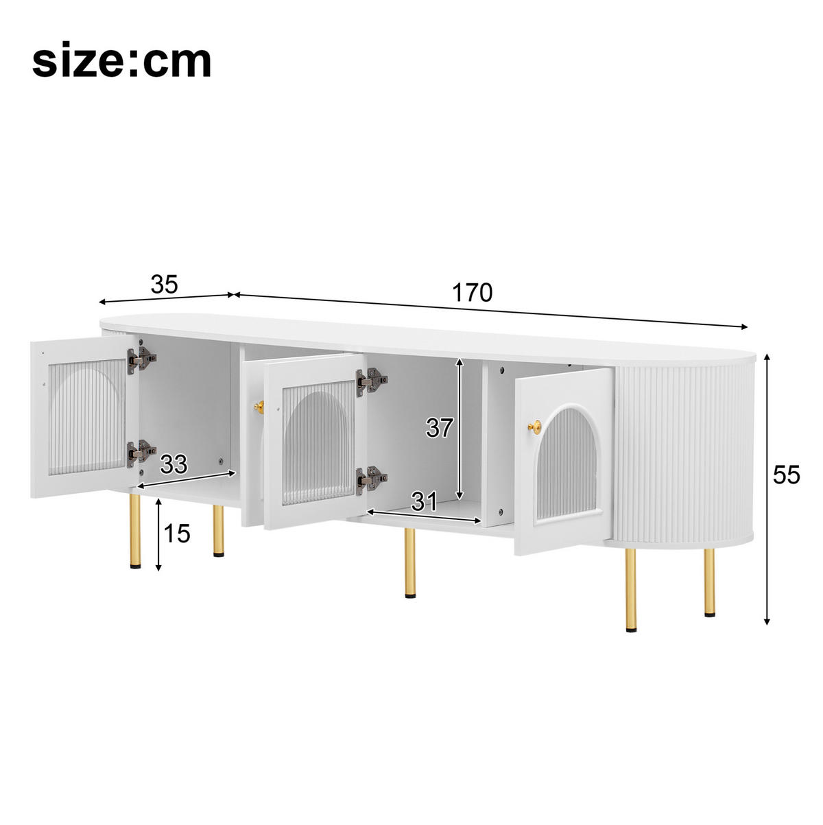 LOWBOARD 170/35/55 cm Weiß/Gold aus MDF mit 4 Glastüren - Weiß, Holzwerkstoff (35/55/170cm) - OKMYHOME