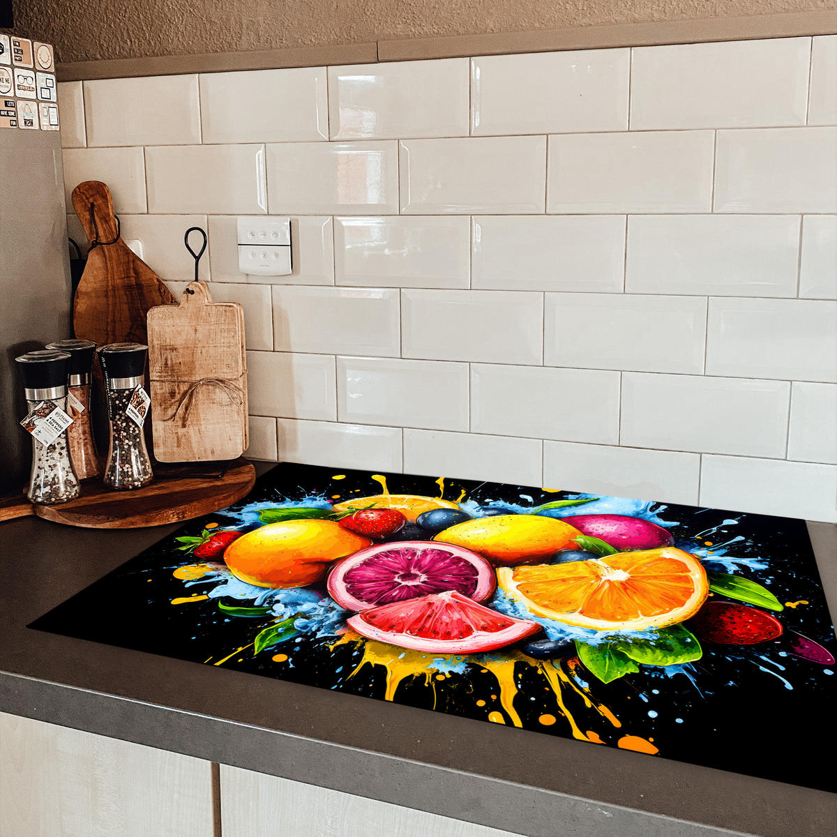 HERDABDECKPLATTE Obst - Graffiti - Bunt - Orange - Erdbeere - Abstrakt 81x52 cm - Orange, Kunststoff (81/0.2/52cm) - MuchoWow