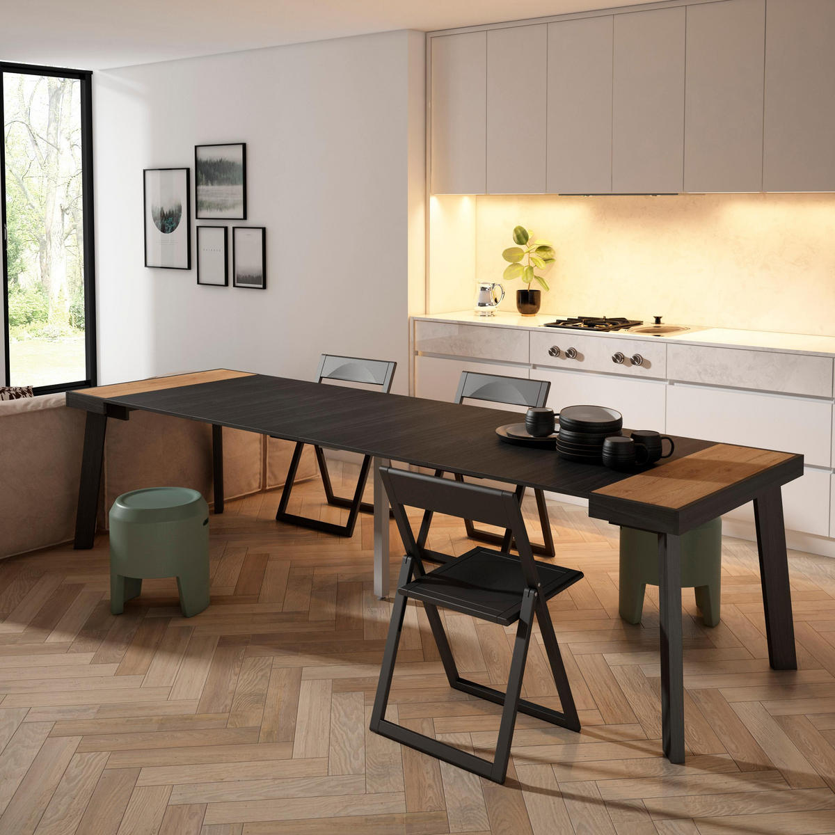 KONSOLENTISCH ausziehbar 58 bis 302cm, für 14 Gäste, eiche, schwarz, 90/58/73cm - Schwarz/Naturfarben, Holzwerkstoff (90/302/73cm) - Skraut Home