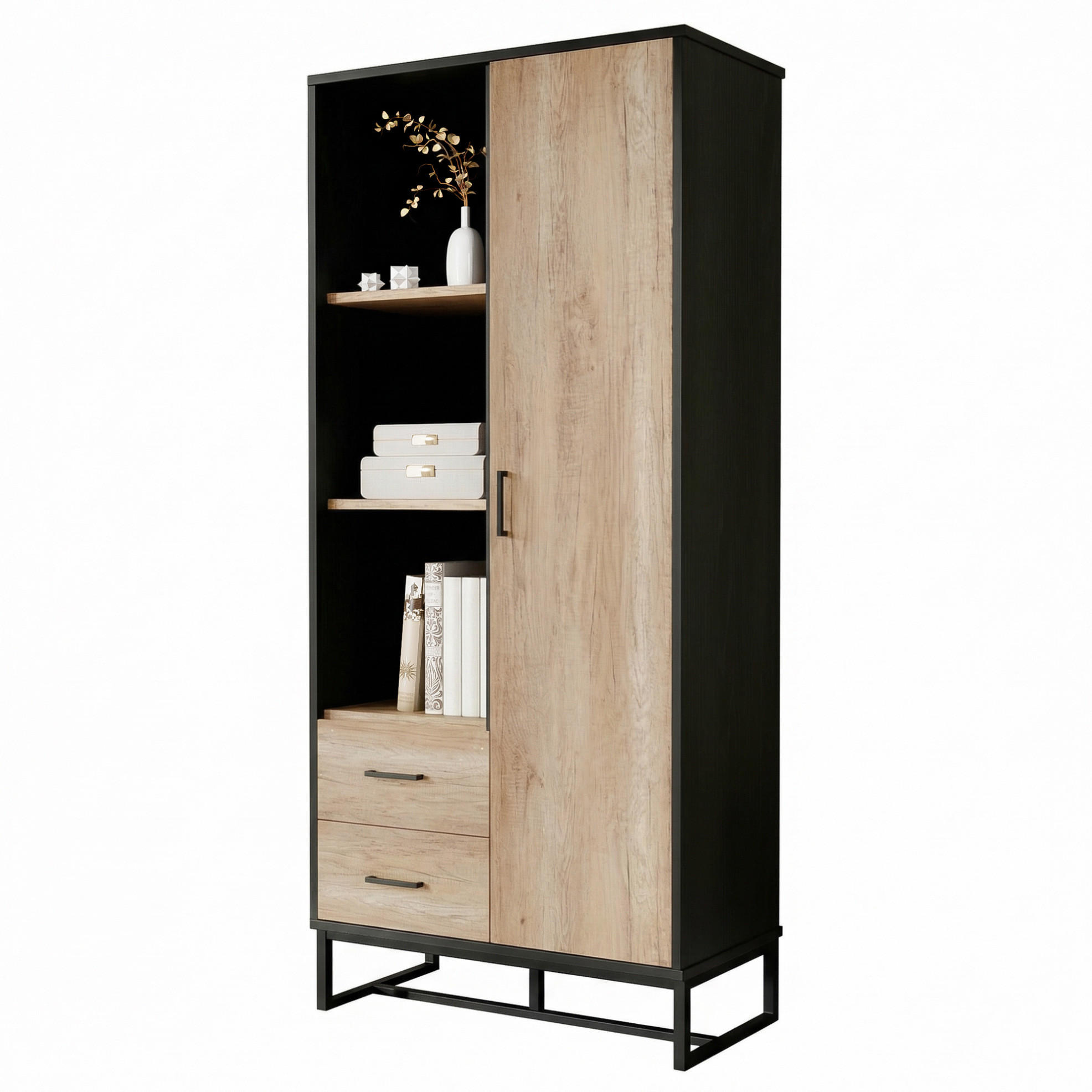 HIGHBOARD 80/40/180 cm in Holzoptik und Schwarz mit 2 Schubladen und 3 offenen Fächern - Schwarz, Holzwerkstoff (80/180/40cm) - Flora Grace