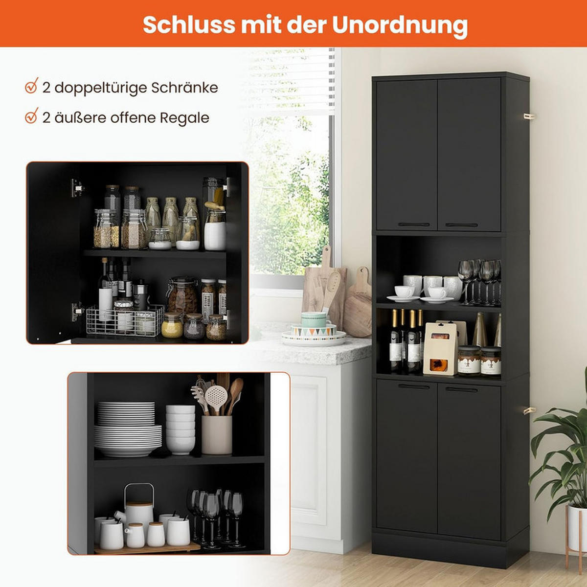 VORRATSSCHRANK mit Türen schwarz - Schwarz, Holzwerkstoff (56/190/30cm) - COSTWAY
