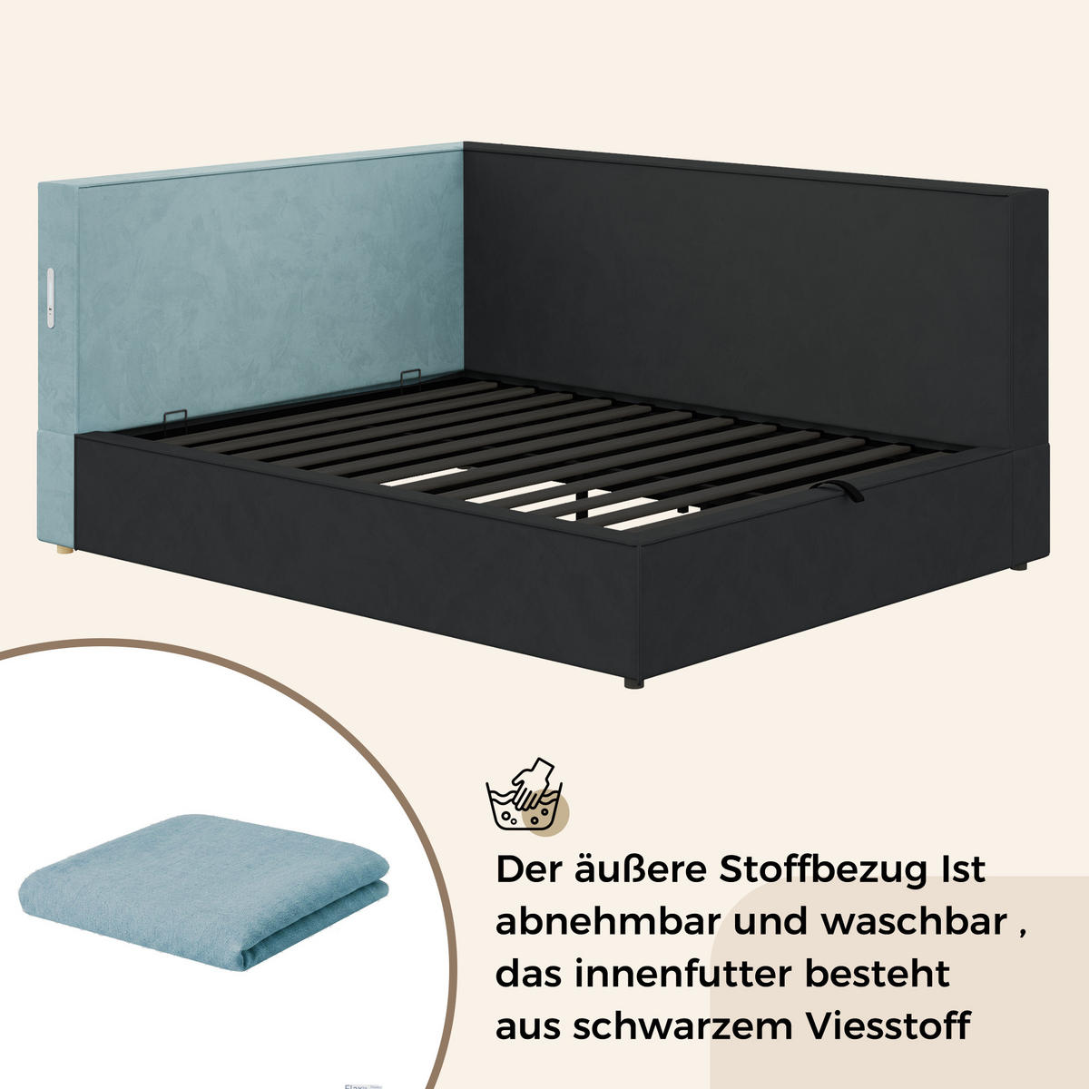 DAYBETT 90x200 cm, Blau, Samt, LED, USB/Typ-C - Blau, Textil (90/200cm) - FLIEKS