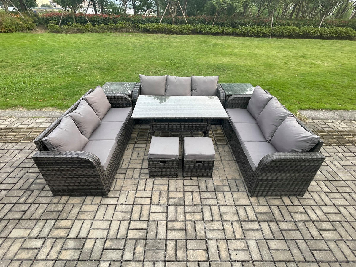 GARTENTISCHGRUPPE mit 2 Hocker 2 Beistelltischen Polyrattan Dunkelgrau 11-Sitzer - Dunkelgrau/Grau, Glas/Kunststoff - Fimous