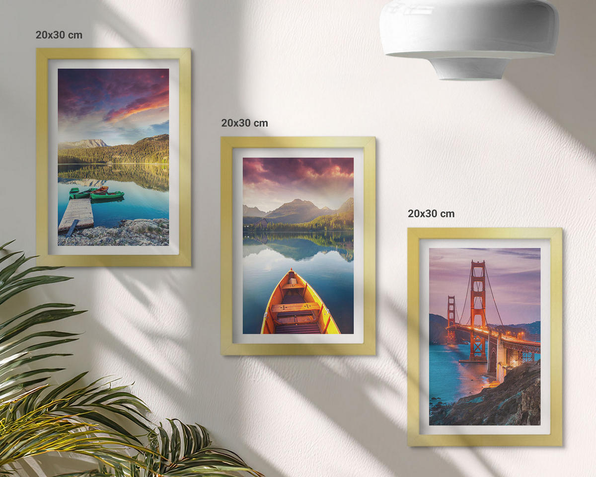 WANDBILDER 3er Set - 20x30 cm Goldrahmen - Bergblick auf den See und die Brücken - Goldfarben, Kunststoff (20/30cm) - ArtPrintCave