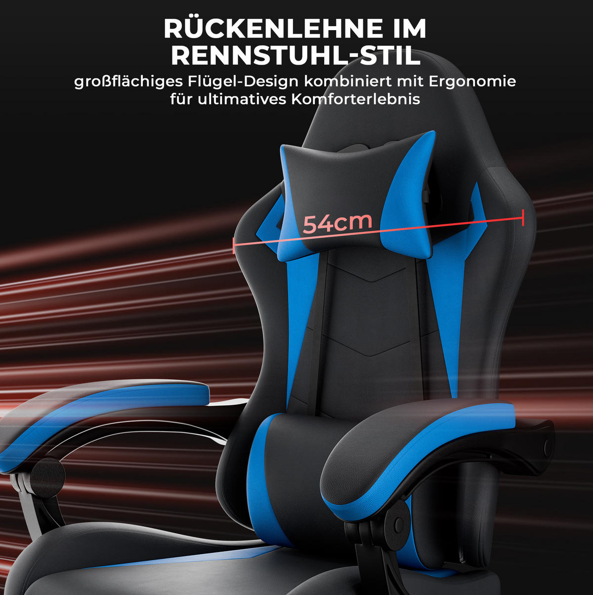 GAMINGSTUHL ergonomisch höhenverstellbar PVC Schwarz Blau - Blau, Kunststoff (63/120.5/58.5cm) - Meubliv