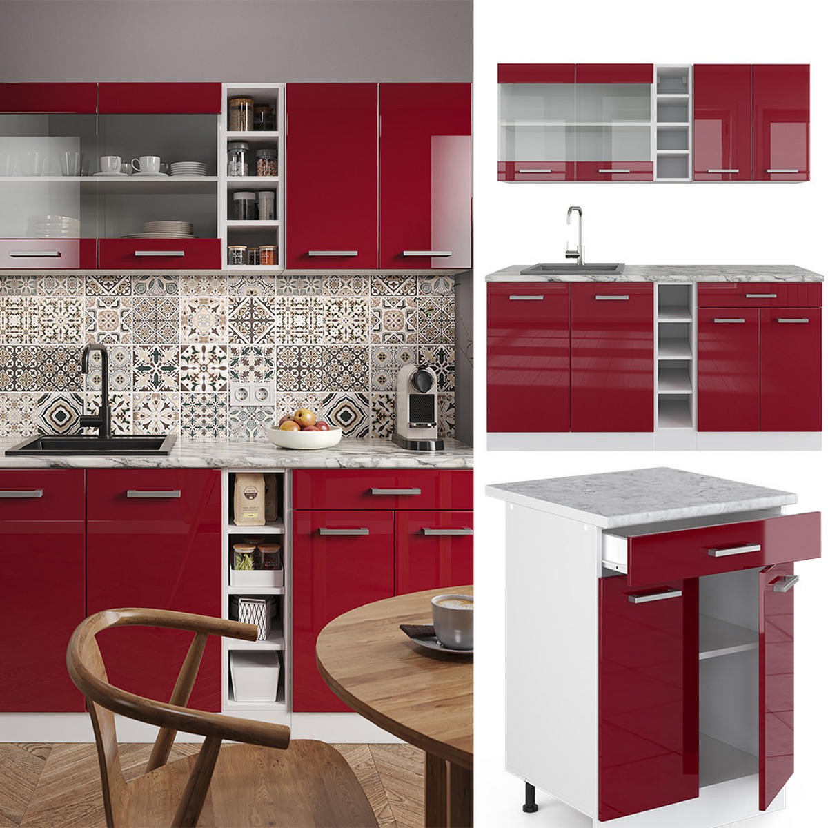 SINGLEKÜCHE R-Line Bordeaux Hochglanz/Weiß 160 cm, AP Anthrazit - Bordeaux/Weiß, Holzwerkstoff (160/81.6/60cm) - Vicco