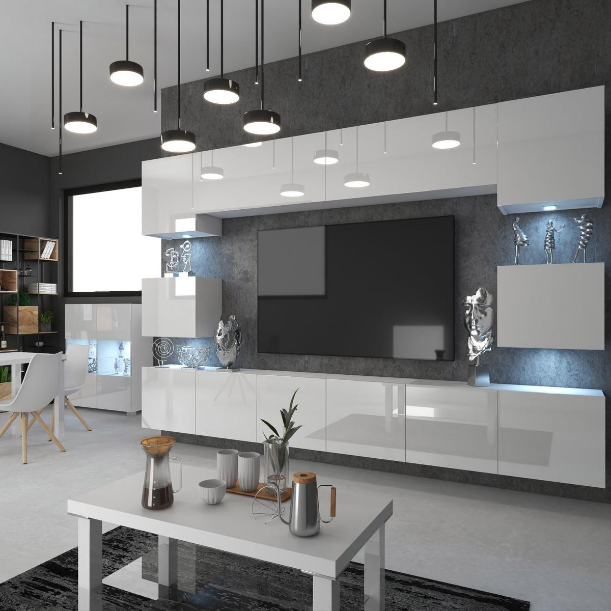 WOHNWAND Milano 3, Weiß Hochglanz, 300 cm, Grifflos - Weiß, Holz (300/60/36cm) - B BELINI GROUP