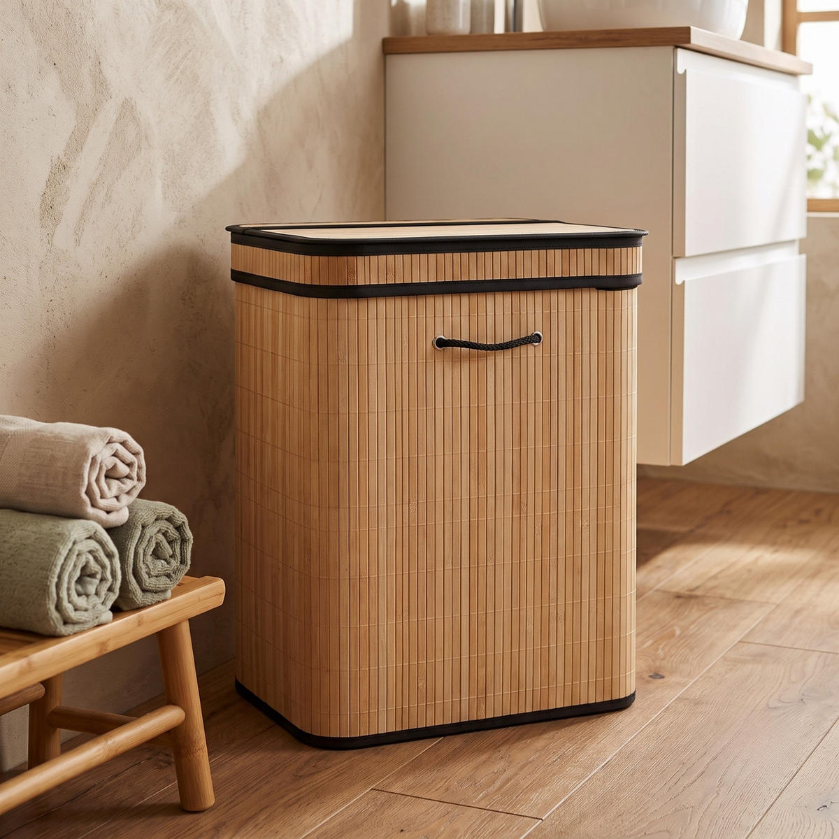 WÄSCHEKORB aus Bambus 100 l 55/34/60 cm - Beige, Naturmaterialien (34/60/55cm) - NUXIO