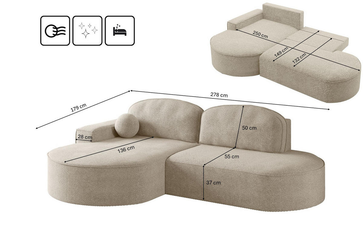 ECKSOFA mit Schlaffunktion und Bettkasten Modena Runden stoff Arena Beige Links - Beige, Holz (179/278cm) - Kaiser Möbel