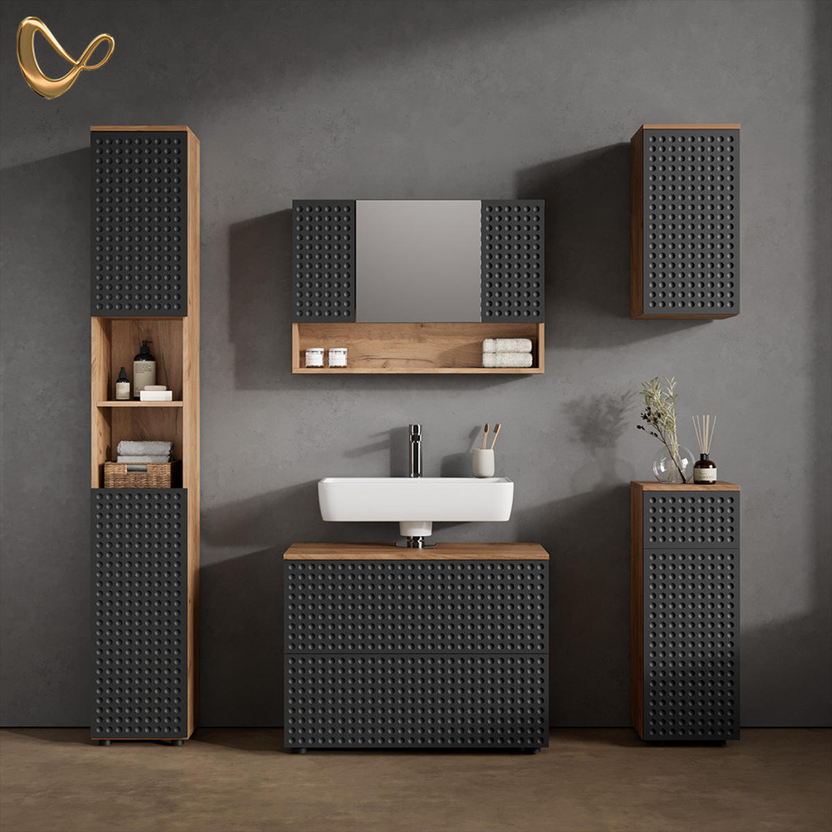 BADMÖBEL-SET Ronco Anthrazit gepunktet 5 Teile - Anthrazit/Eiche Wotan, Holzwerkstoff (80/58/41cm) - Livinity®