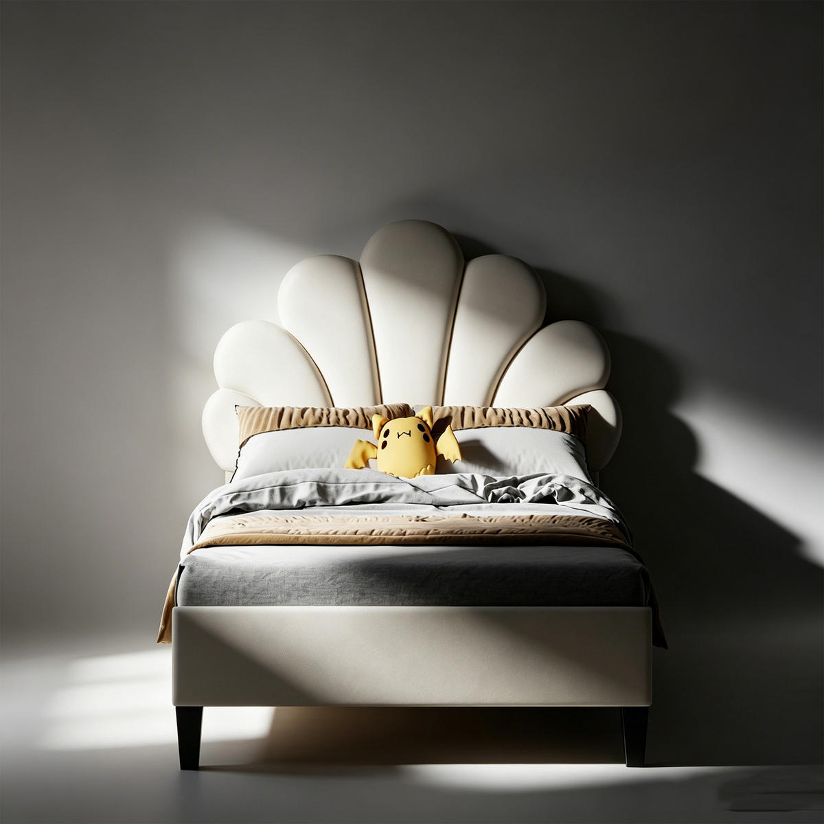 POLSTERBETT 90x200, einzelbett, Bettgestell 90 x 200 mit Muschelförmiges Kopfteil, Lattenrost, Samt, beige - Beige, Textil (90/200cm) - GENKI LIVING