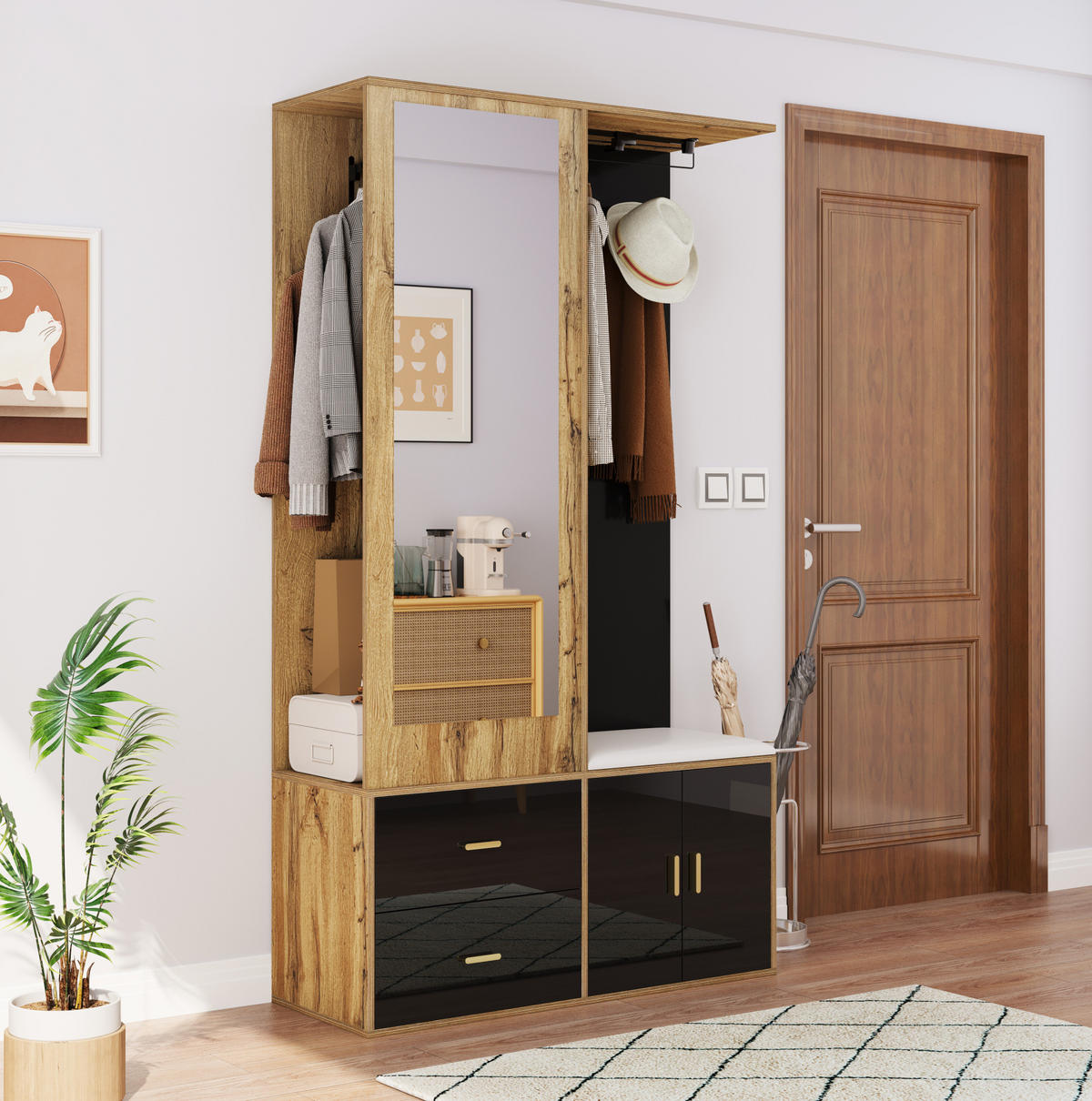 GARDEROBE mit Spiegel und Schuhbank 100 x 38 x 180 cm Schwarz Holzoptik - Schwarz, Holzwerkstoff (38/180/100cm) - Beauniv