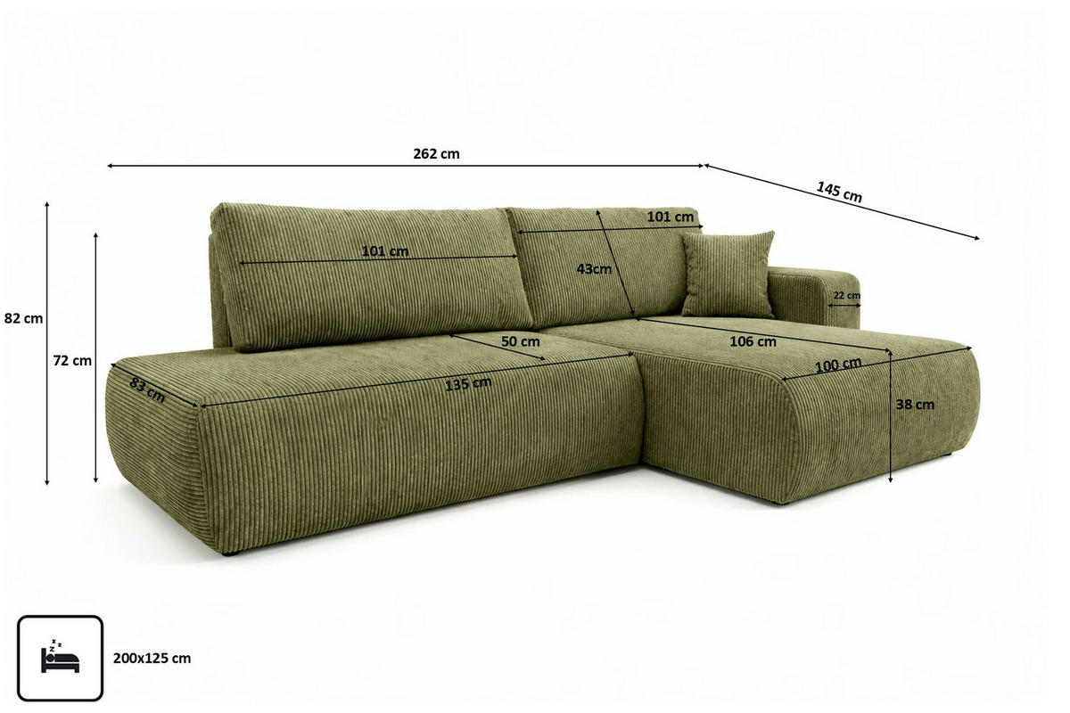 ECKSOFA Mit Schlaffunktion Und Bettkasten, Cordstoff Poso, Olive, Rechts, OPEN XL - Olivgrün, Holz (262/145cm) - Kaiser Möbel
