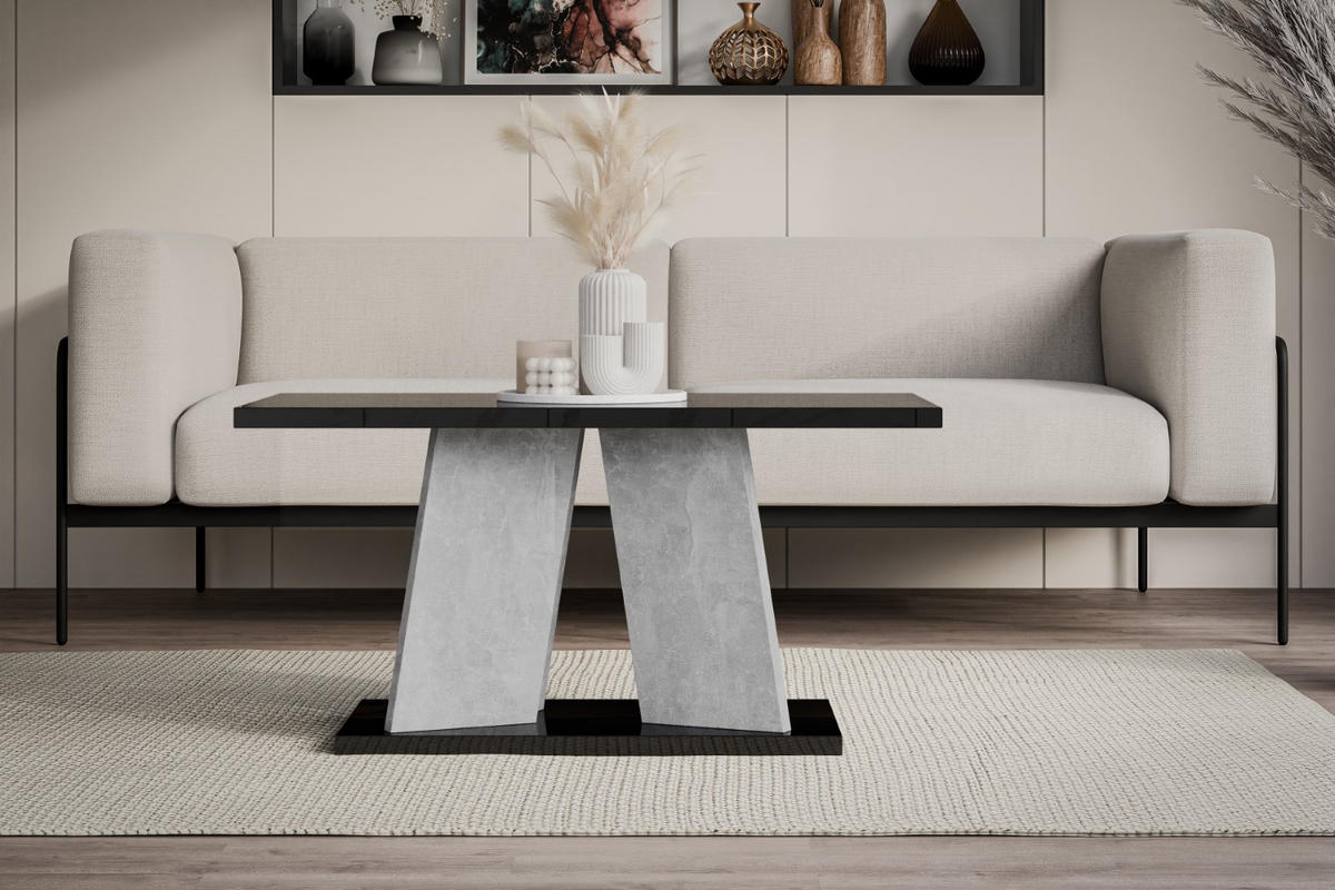 KAFFEETISCH 110x70x60 cm - Hochglanz Schwarz / Betonoptik - UFOM - Schwarz Hochglanz, Holzwerkstoff (110/70/60cm) - ALTDECOR
