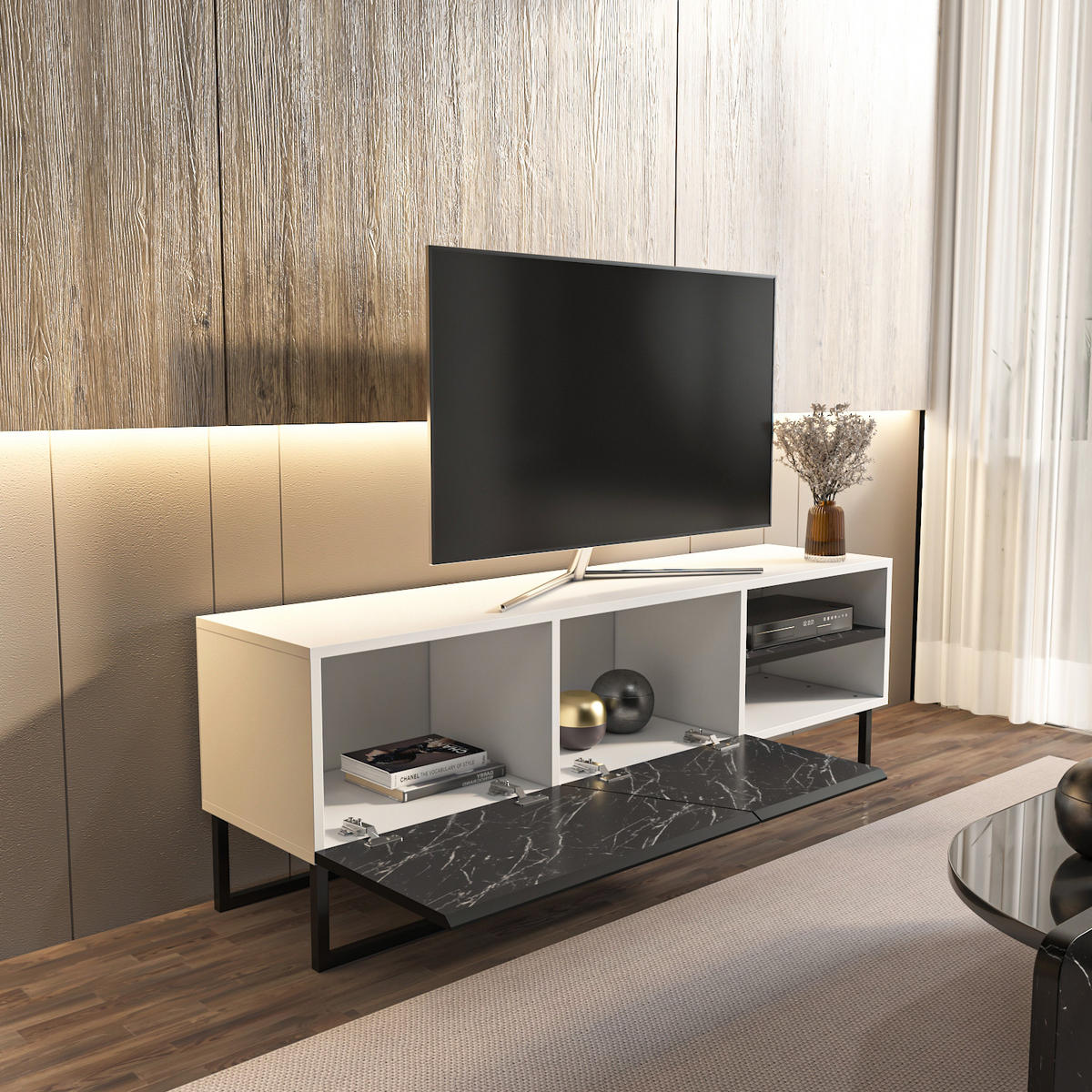 TV-ELEMENT Denasse Weiß Schwarz - Schwarz/Weiß, Holzwerkstoff (150/50.5/35cm) - Decorotika