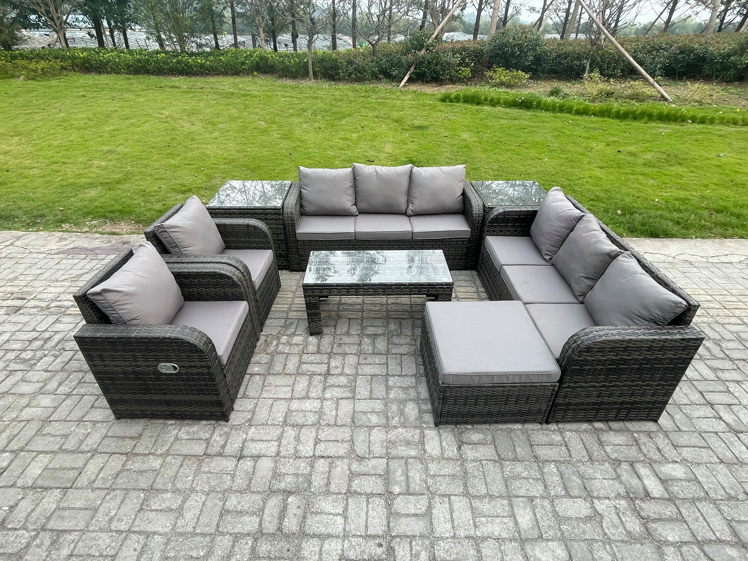 GARTENSOFA SET mit rechteckigem COUCHTISCH Polyrattan 8-Sitzer Dunkelgrau - Dunkelgrau/Grau, Glas/Kunststoff - Fimous
