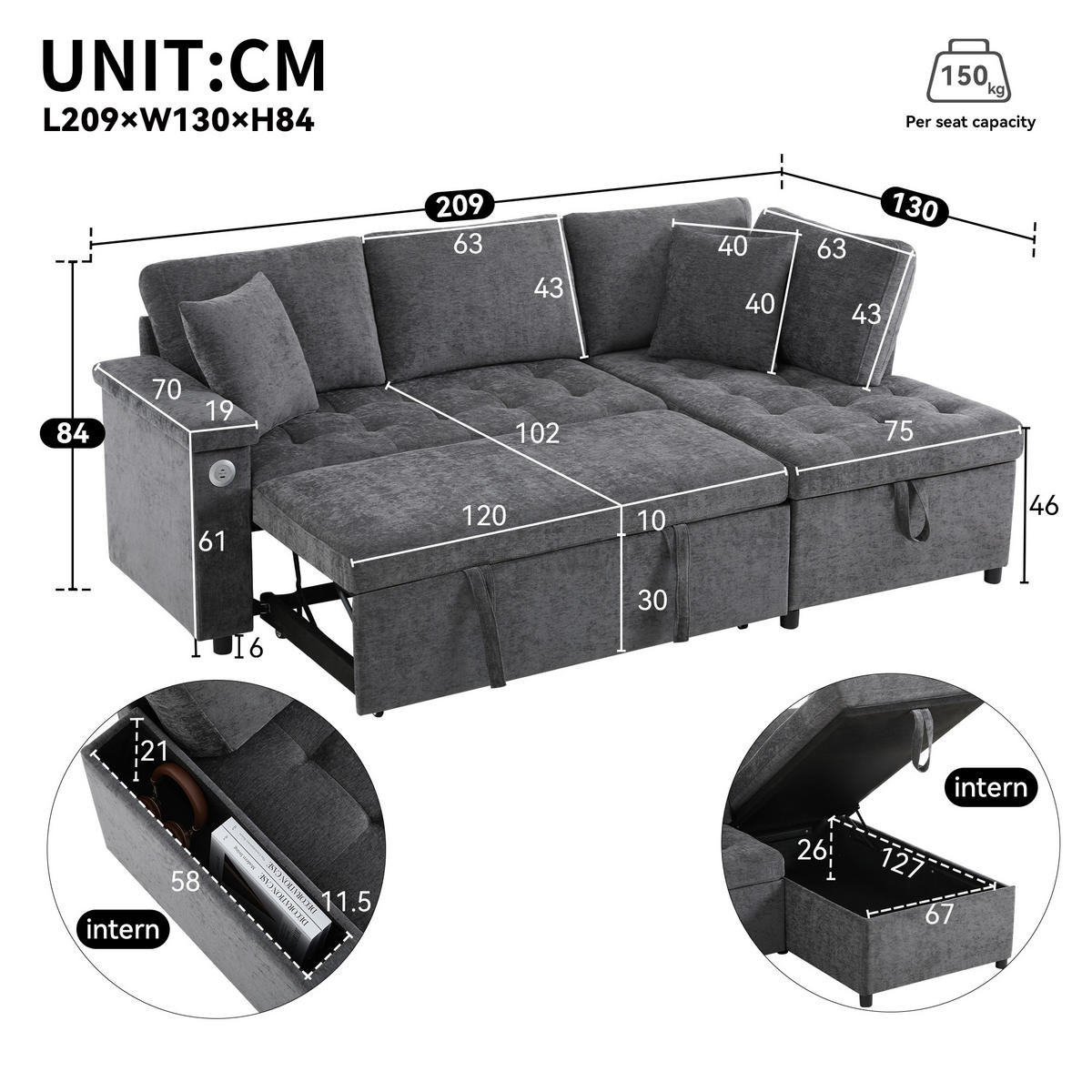 ECKSCHLAFSOFA 209/130/84 cm Dunkelgrau mit Stauraum, USB-Ladegerät, Armlehnenablage und 2 Kissen - Dunkelgrau, Textil (209/130cm) - Oxeza