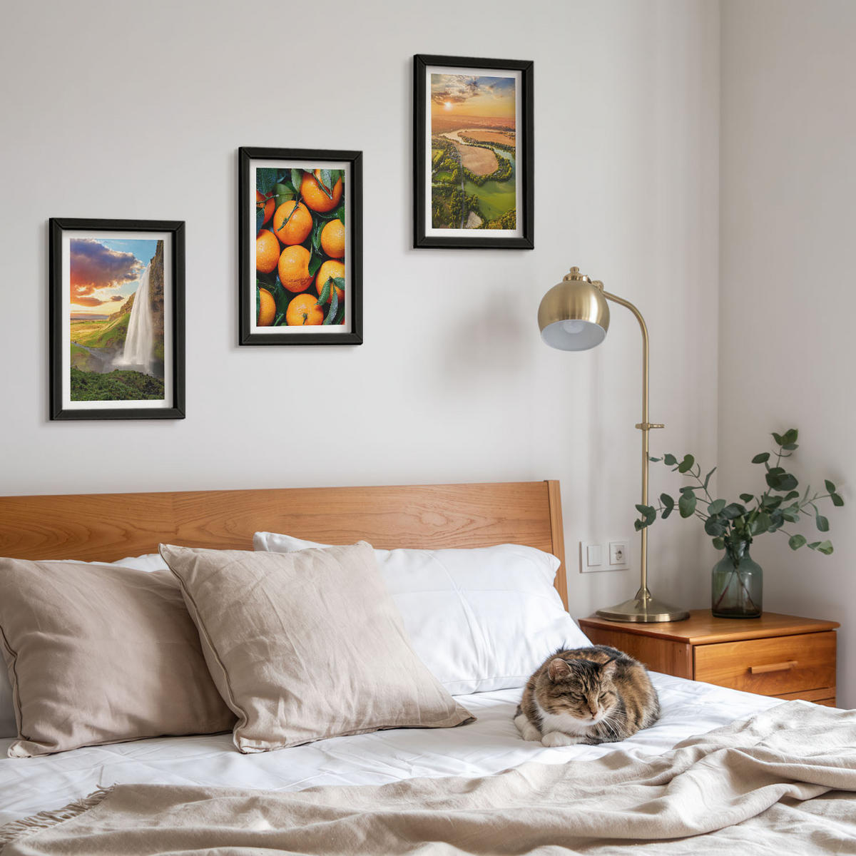 BILDER SET 3er Set - 20x30 cm Schwarzer Rahmen - Orange Mountain Wasserfall - Schwarz, Kunststoff (20/30cm) - TULUP