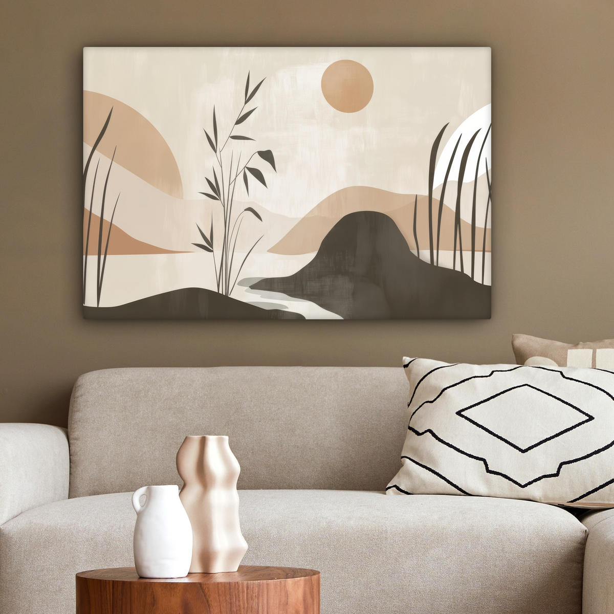 LEINWANDBILD Japandi - Landschaft - Beige Wanddeko 90x60 cm - Cognac, Textil (90/60cm) - MuchoWow