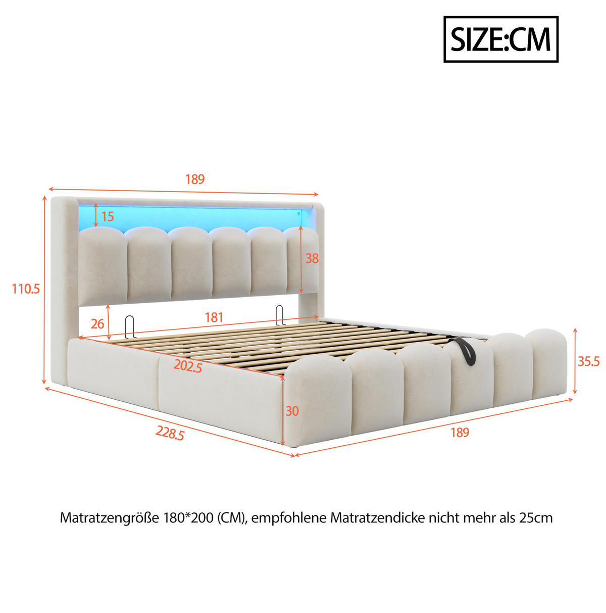 POLSTERBETT 180/200 cm aus Samt mit LED, USB-, Typ-C-Anschluss und hydraulischem Bettkasten, Beige - Beige, Textil (180/200cm) - Redom