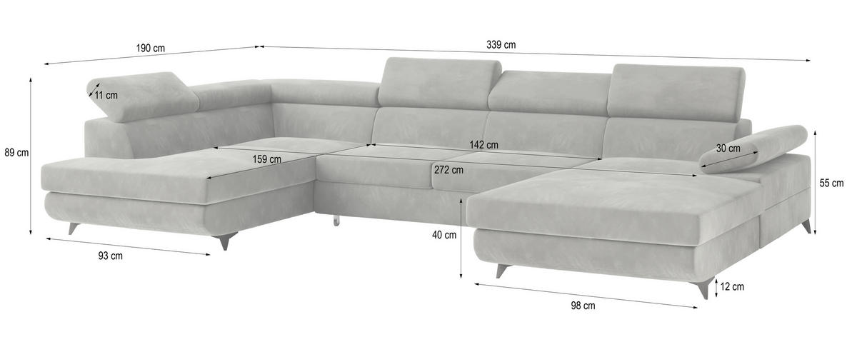 WOHNLANDSCHAFT RUBANO L-S Creme Velours-Stoff mit Schlaffunktion - Creme, Holz (339/89/190cm) - MASSENO