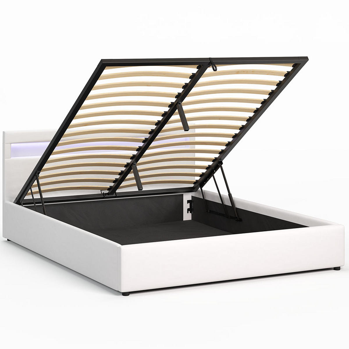 POLSTERBETT 140×200 mit Bettkasten und Lattenrost Nira Öko-Leder weiß LED - Weiß, Holz/Textil (140/200cm) - Jana