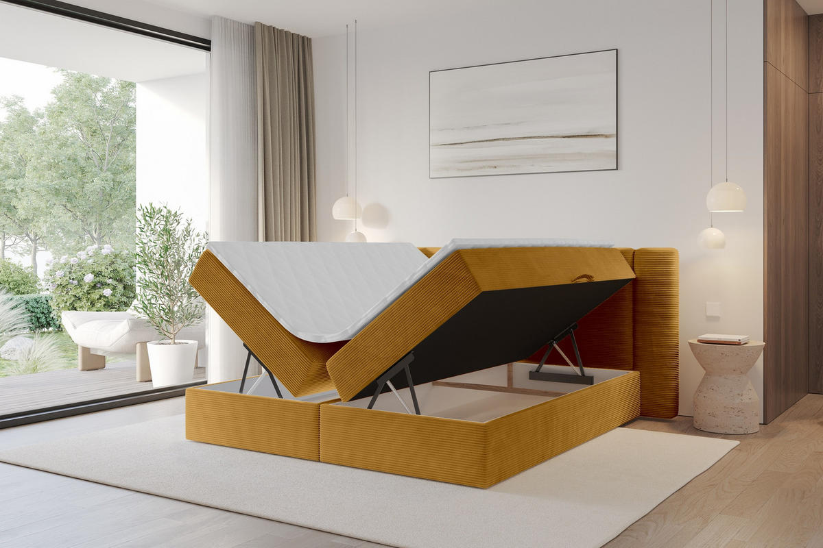 BOXBETT mit Matratze H4 - EVON - 140x200 cm Senfgelb - Dunkelgelb, Holzwerkstoff (140/200cm) - ALTDECOR