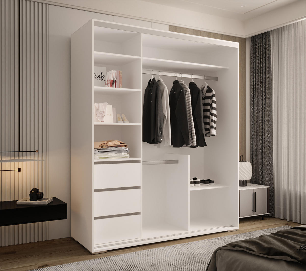 SCHIEBETÜRENSCHRANK GENUA 180, 2-türig Kleiderschrank mit 1 Spiegel, Moderne Garderobe, Schrank in Größe: 180 x 217 x 66 cm - Weiß, Holzwerkstoff (180/217/66cm) - O-Sofa