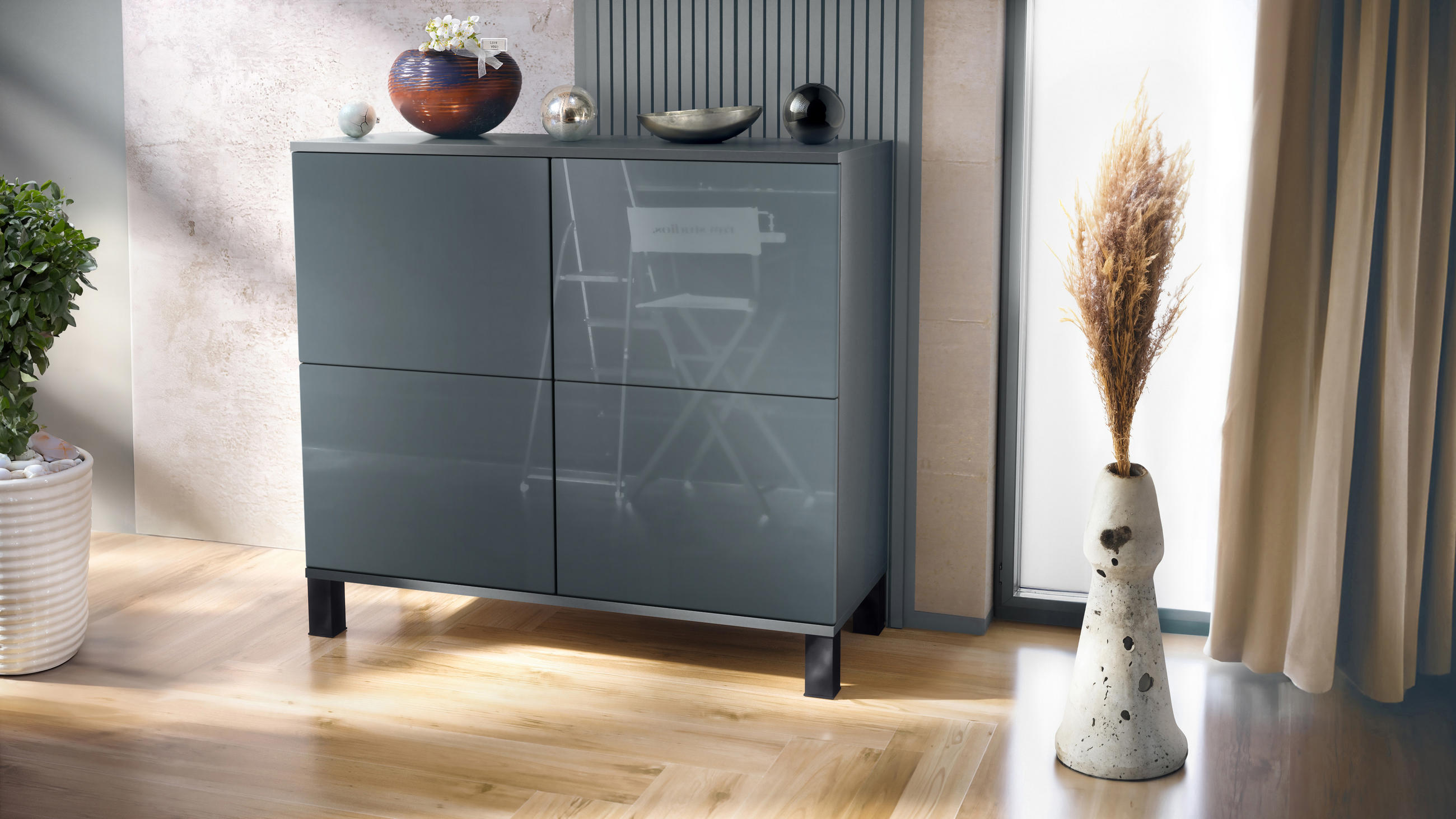 KOMMODE Rova Grau Hochglanz - Grau, Holzwerkstoff (92.5/84.5/35cm) - Vladon