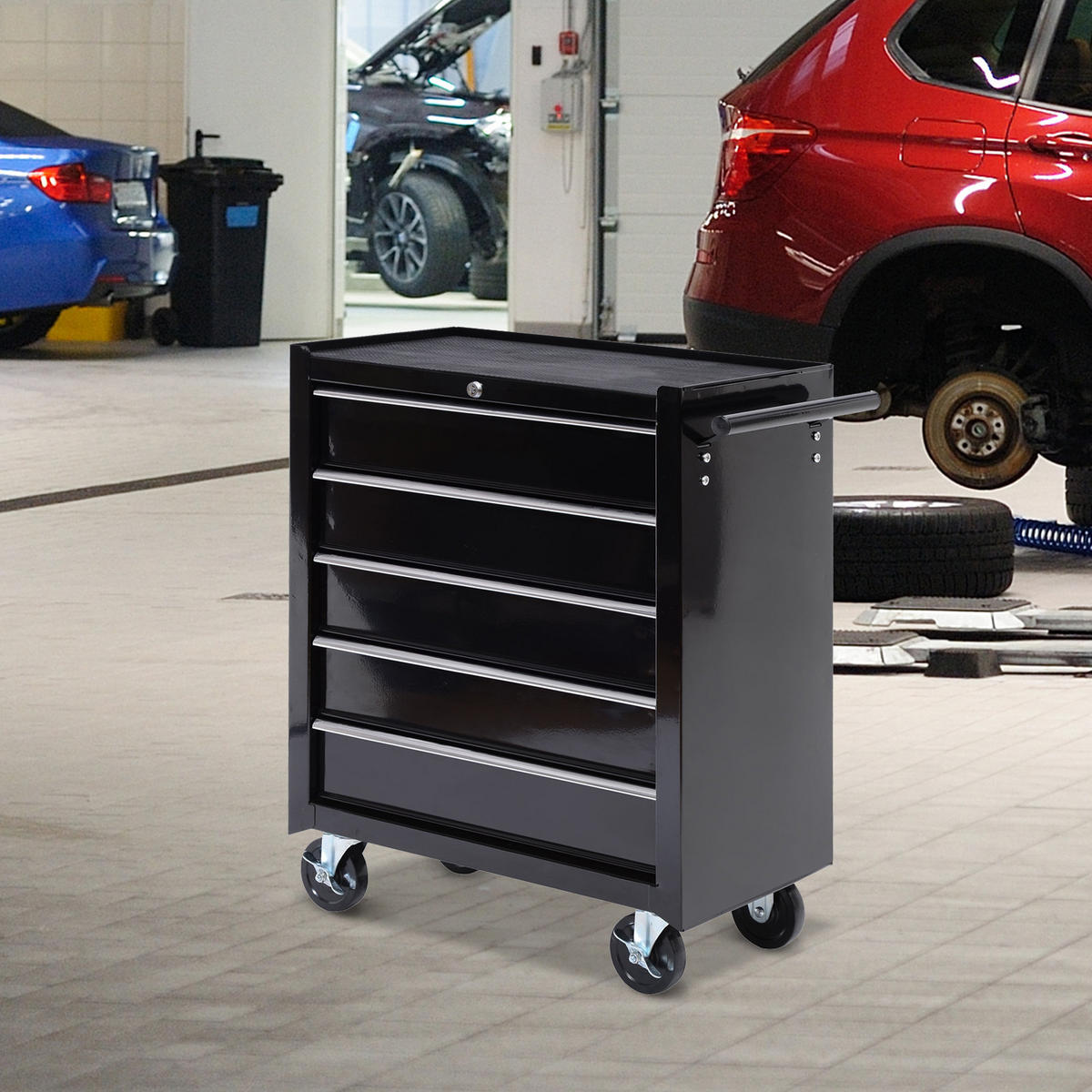 WERKSTATTWAGEN leer Werkzeugwagen abschließbar mit 5 Schubladen Schwarz - Schwarz, Metall (33/75/61.6cm) - HOMCOM