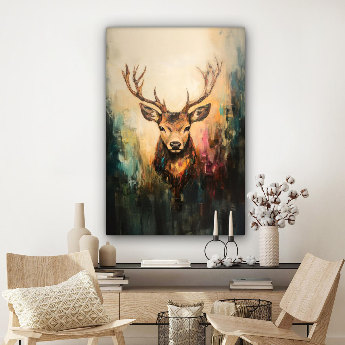 LEINWANDBILD Hirsch - Gemalt - Geweih - Braun Deko XXL 80x120 cm - Haselnussfarben, Textil (80/120cm) - MuchoWow