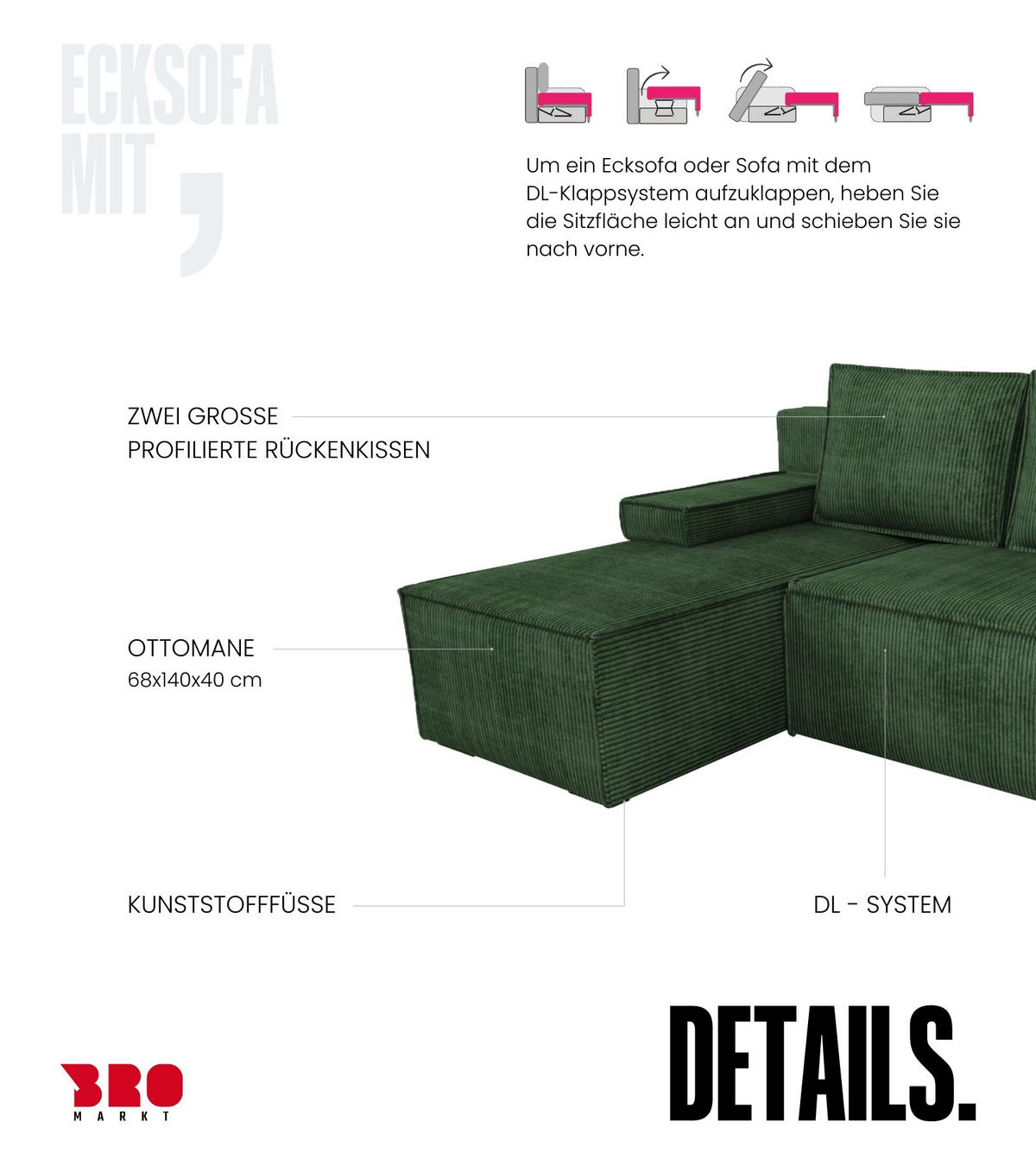 ECKSOFA Caspar mit Schlaffunktion Grün Cord - Grün, Textil (200/141cm) - Bromarkt