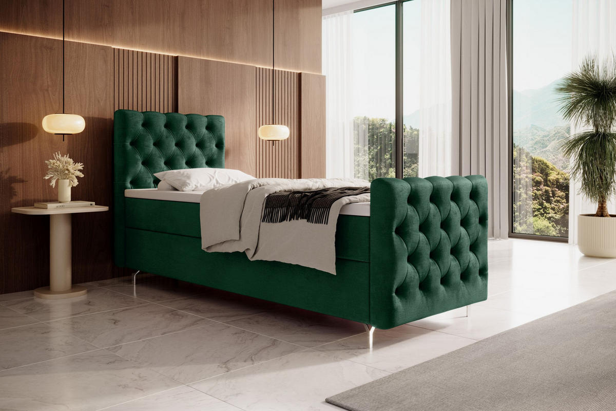 BOXBETT CHESTER PLUS P mit Matratze H3, Bonell und Topper 120x200 Monolith 37 - Dunkelgrün, Textil (120/200cm) - Bedante