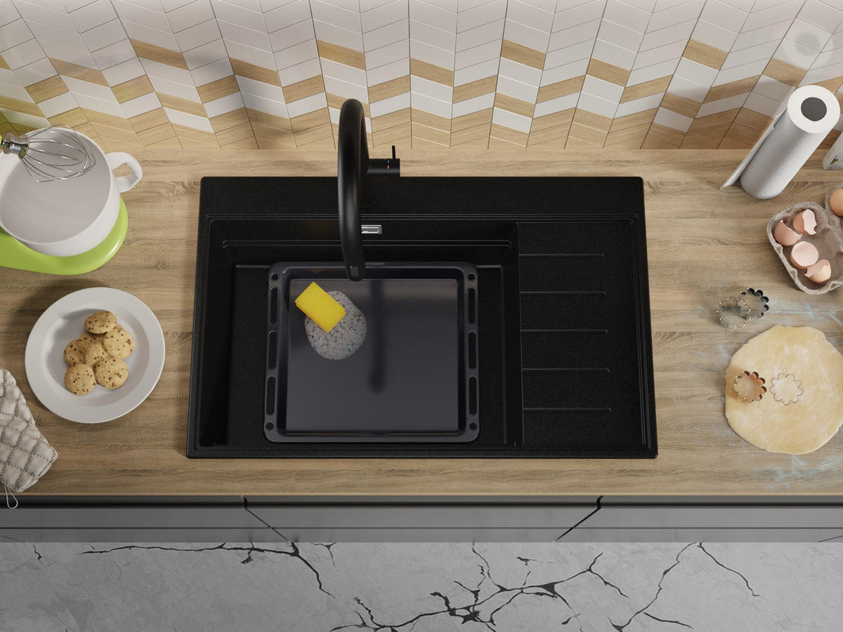 GRANITSPÜLE Sydney, 2-er set Schwarz 78/50 cm 1 Becken + Küchenarmatur 40/20 cm + Ablauf-Set + Küchenzubehörset ab 60er Unterschrank - Chromfarben/Beige, Kunststoff (78/20/50cm) - Primagran