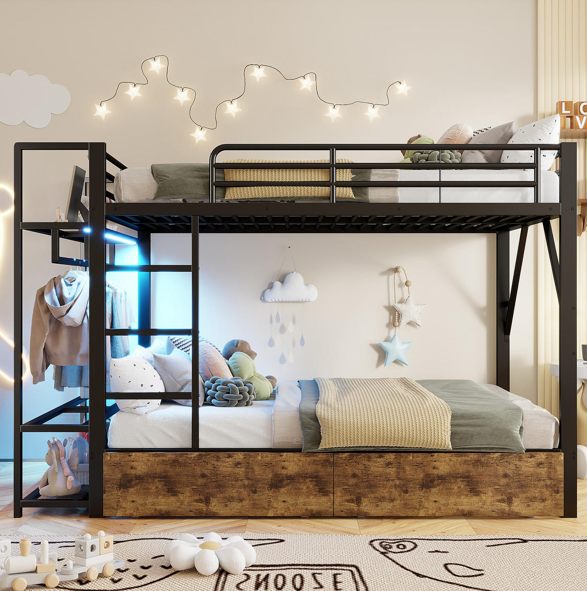 ETAGENBETT 140/200 cm mit LED-Lichtleiste, 2 Schubladen, Regalen und Kleiderstange, Metall & MDF, Schwarz - Schwarz, Metall (140/200cm) - Redom
