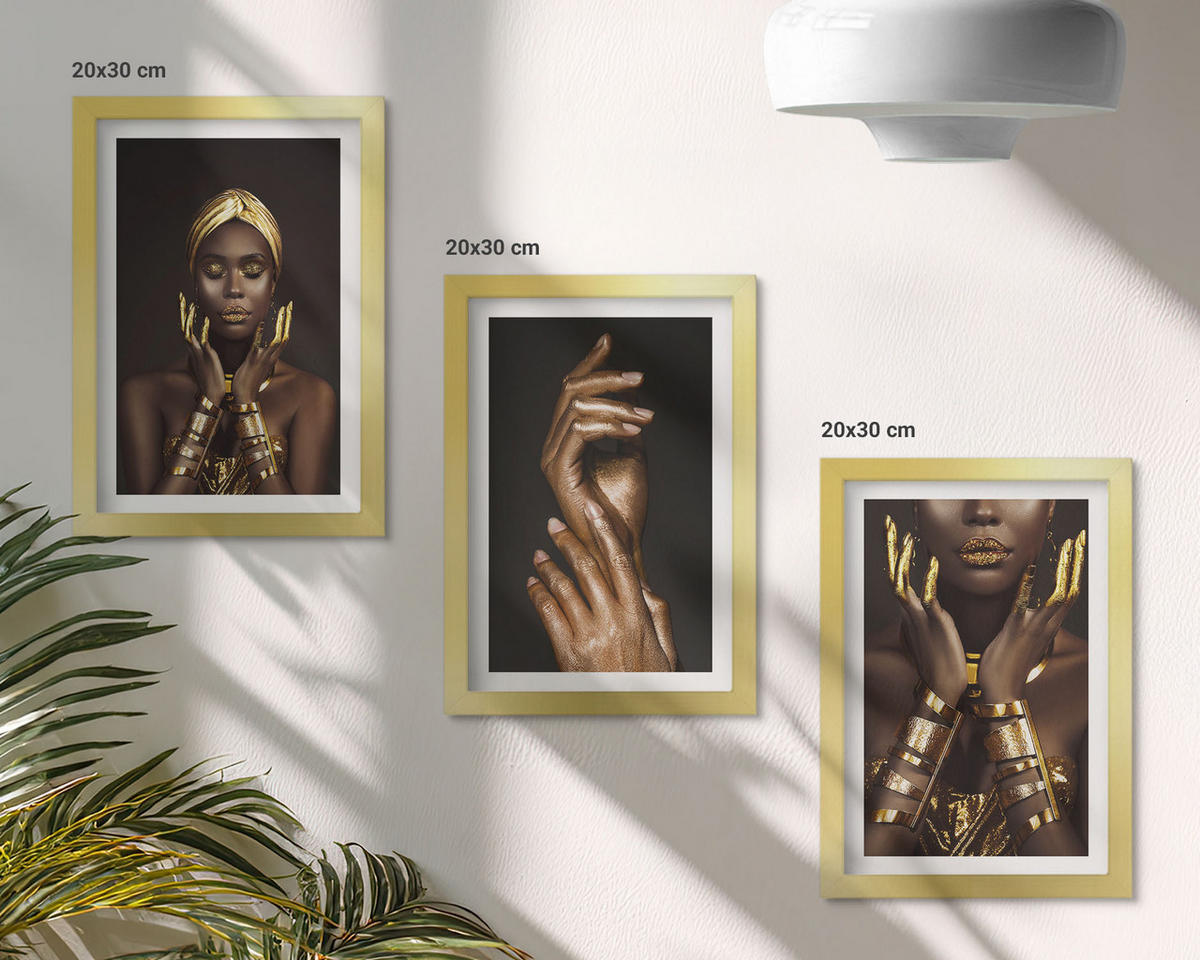 WANDBILDER 3er Set - 20x30 cm Goldrahmen - Porträts afrikanischer Frauen - Goldfarben, Kunststoff (20/30cm) - ArtPrintCave