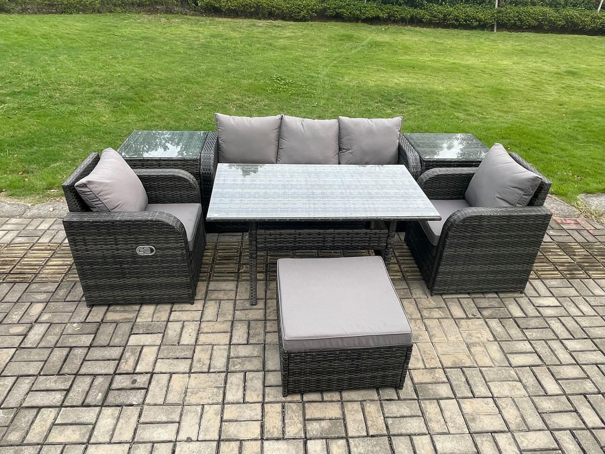GARTENSET mit 3-Sitzer-Sofa,Beistelltischen,Esstisch Polyrattan 6-Sitzer - Dunkelgrau/Grau, Glas/Kunststoff - Fimous