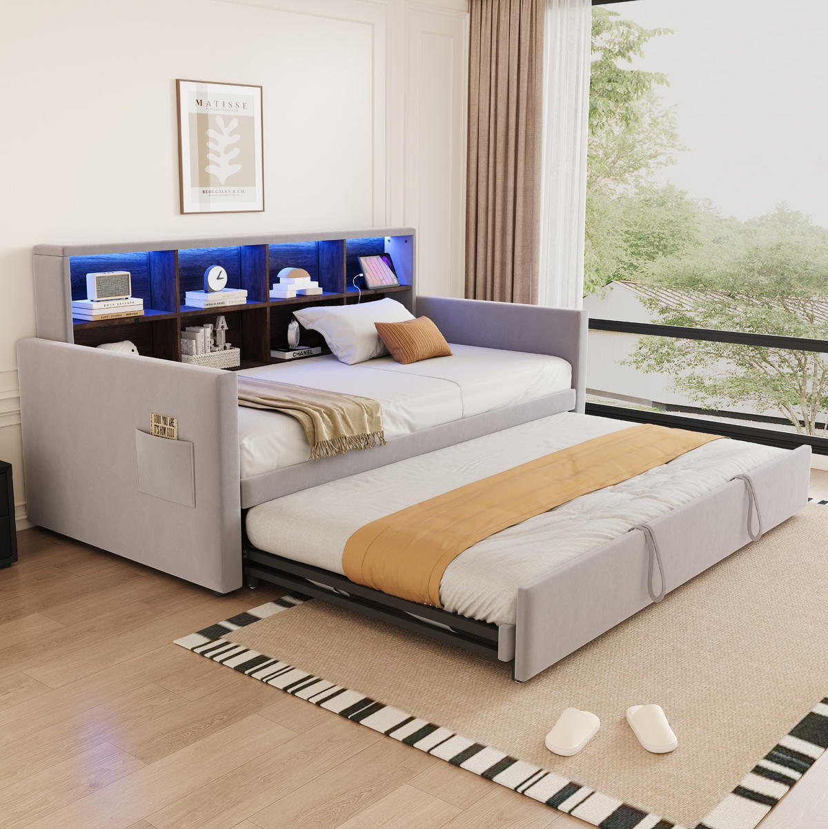 POLSTERBETT 90/190 cm aus Samt mit Ausziehbett, LED und Kopfteil-Staufächern Hellgrau - Hellgrau, Textil (90/190cm) - Modenvie