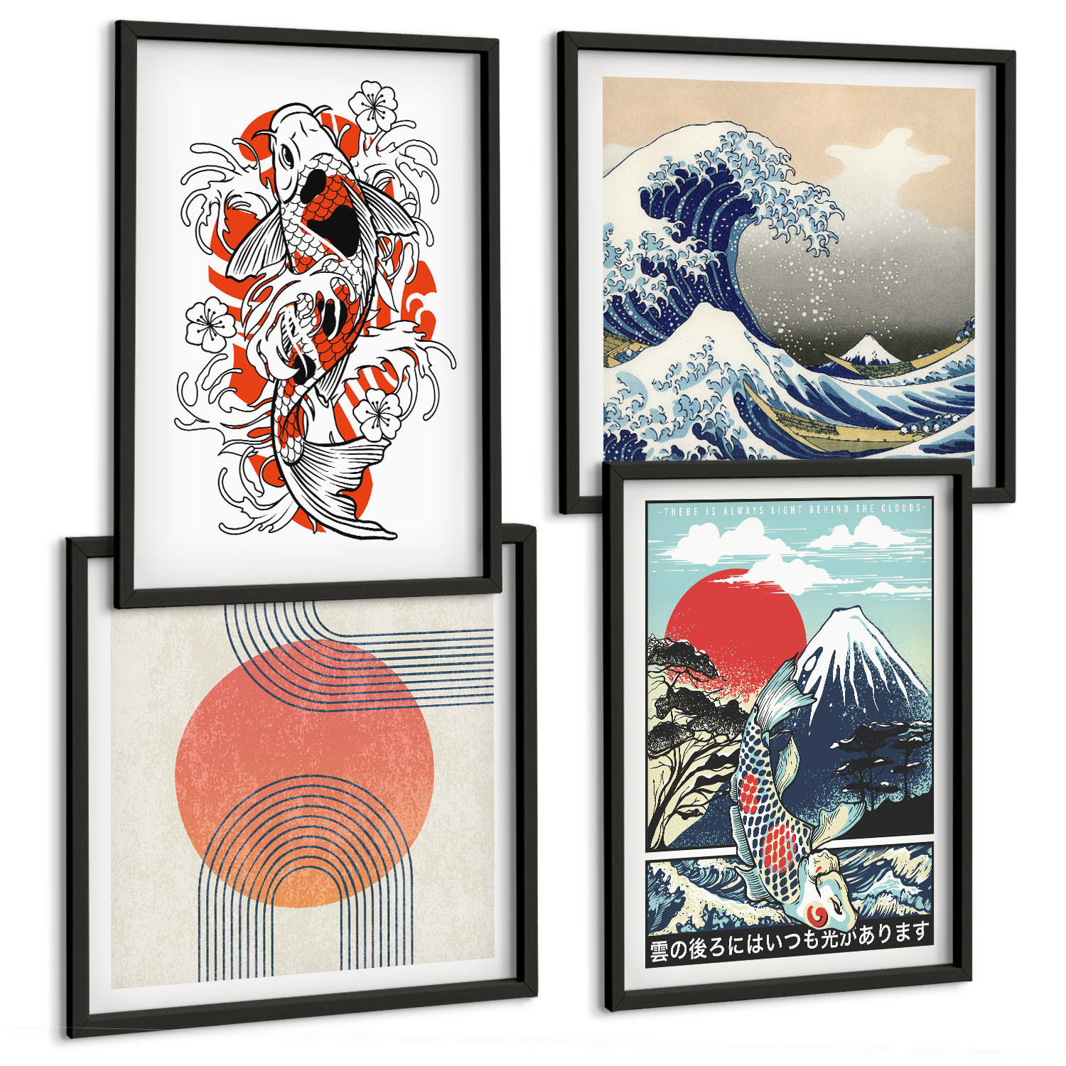 BILDER SET 4er Set - 50x50 cm & 40x60 cm Schwarzer Rahmen - Illustrationen von Fischbergen, die sich in Japan ausbreiten - Schwarz, Kunststoff (50/50cm) - TULUP