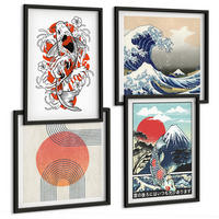 BILDER SET 4er Set - 50x50 cm & 40x60 cm Schwarzer Rahmen - Illustrationen von Fischbergen, die sich in Japan ausbreiten - Schwarz, Kunststoff (50/50cm) - TULUP
