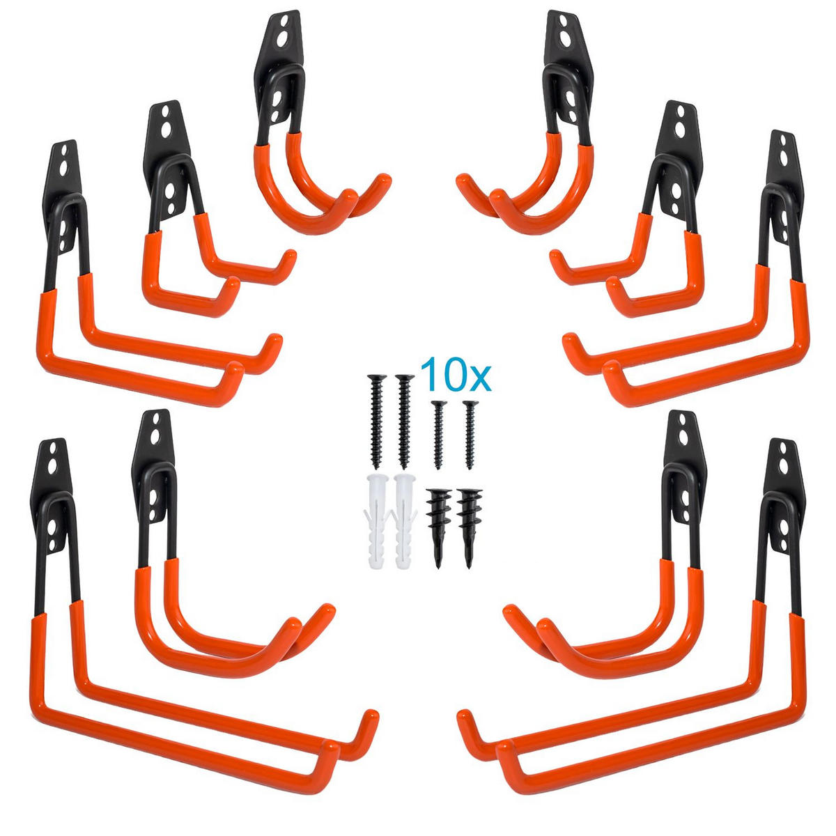 WANDHAKEN für Garage (10er-Set) - Orange, Metall (4.5/16/20cm) - Intirilife