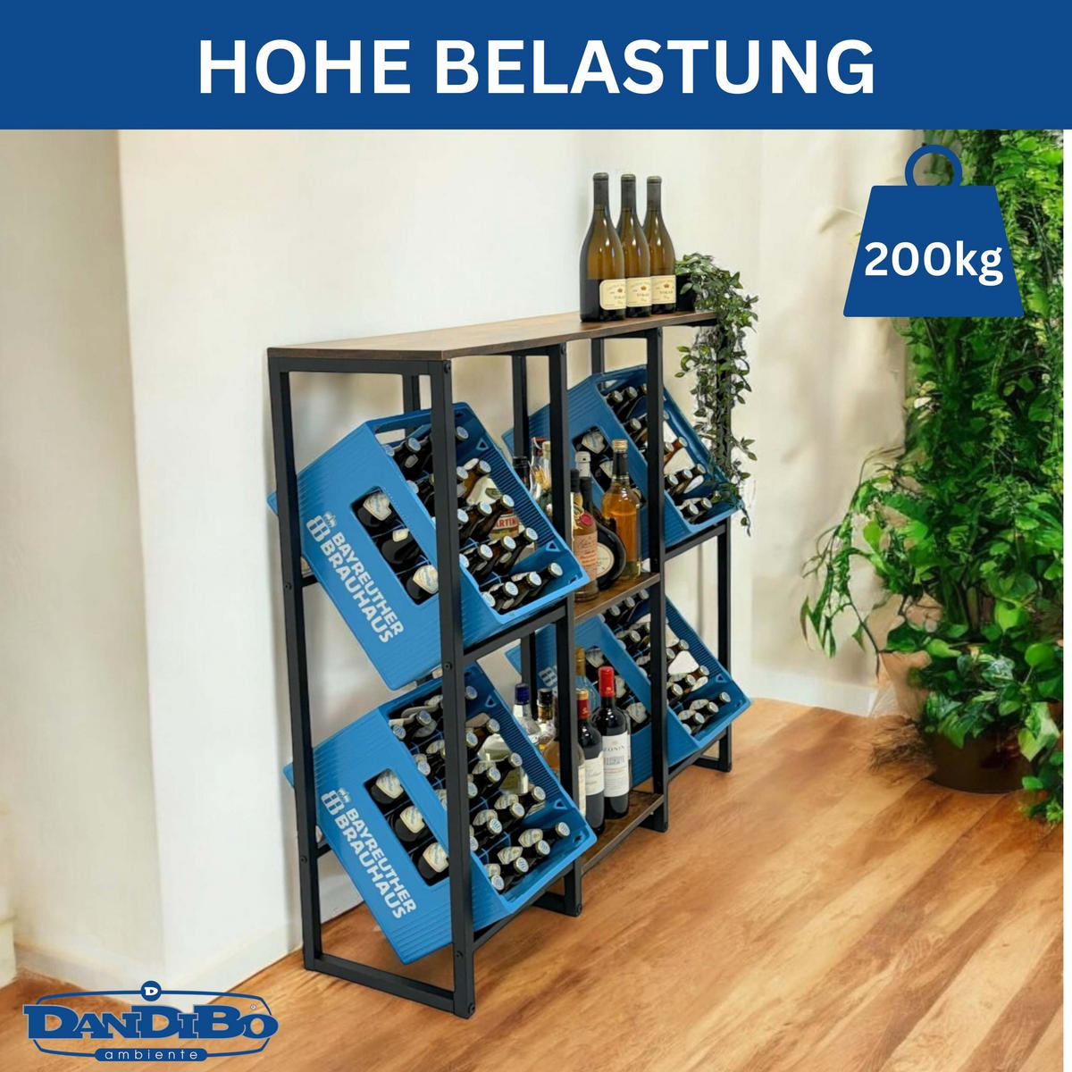 GETRÄNKEKISTENREGAL 4 Kisten mit Ablage Metall + Holz - Schwarz, Metall (112/112/32cm) - DanDiBo