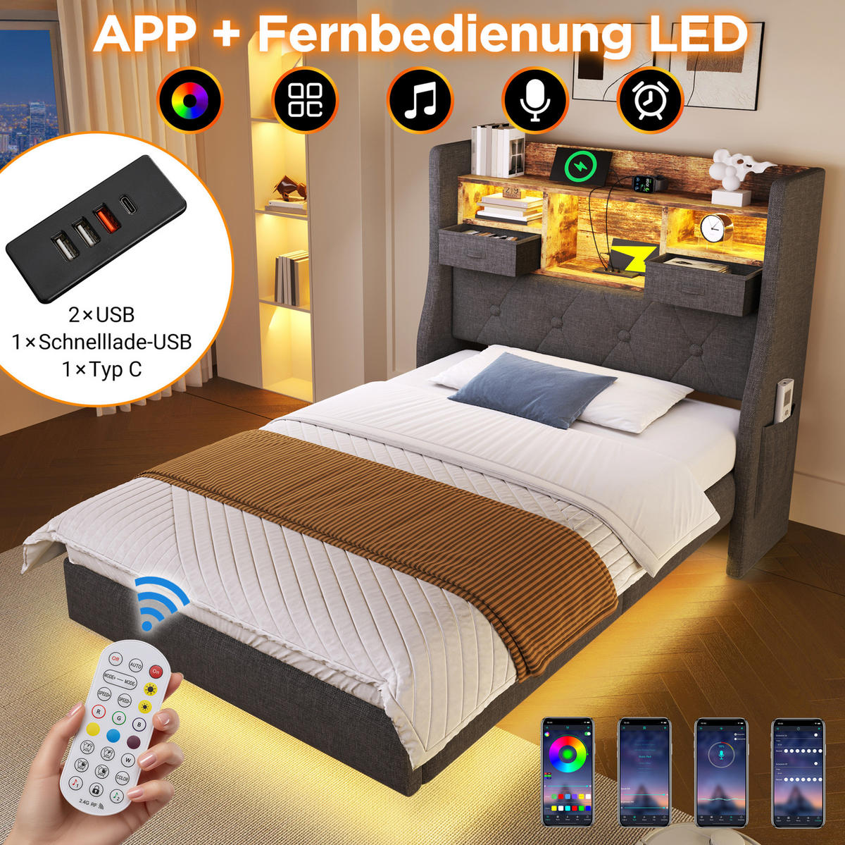 POLSTERBETT 90/200 cm Grau mit Matratze, LED-Beleuchtung und USB-Anschlüssen - Grau, Textil (90/200cm) - Flora Grace