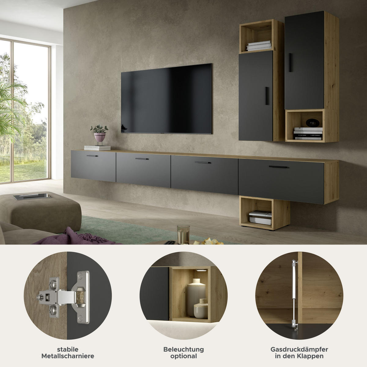 WOHNWAND The One Basalt grau 300/34/178 cm - Braun, Holzwerkstoff (300/178/34cm) - Xonox