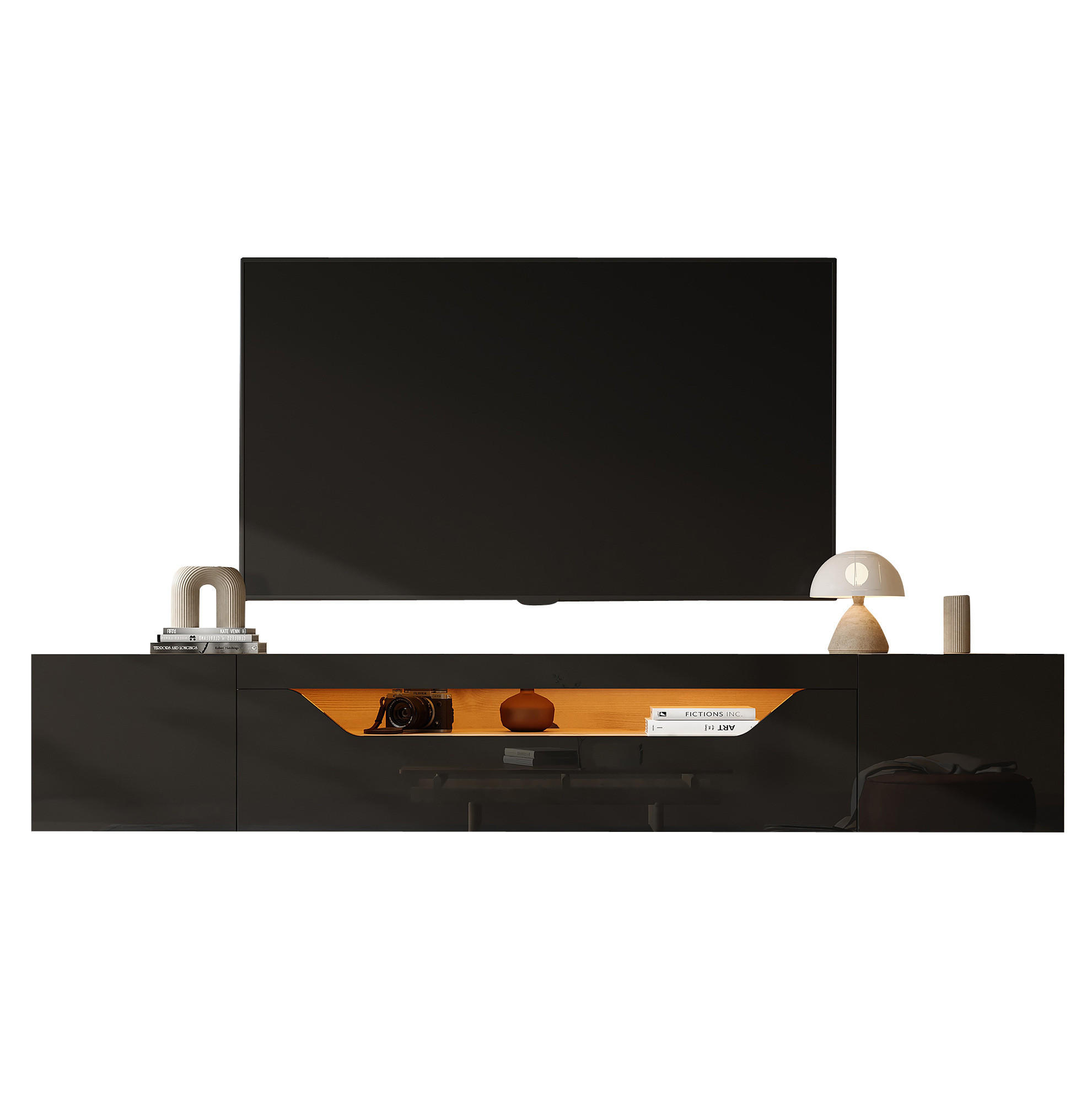 LOWBOARD 180/37/36 cm in Schwarz/Natur mit LED-Beleuchtung und Hochglanzfront - Schwarz, Holzwerkstoff (180/36/37cm) - Flora Grace