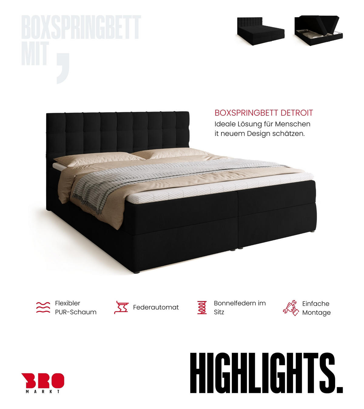 BOXBETT Detroit mit Topper 180/200 Schwarz - Schwarz, Holzwerkstoff/Textil (180/200cm) - Bromarkt